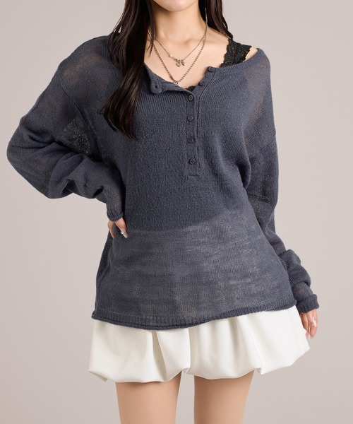 apres jour mignon(アプレジュールミニョン)の「ヘンリーシアーニット(ニット/セーター・レディース・ピンク/ネイビー/グレイッシュベージュ・フリー/LARGE)」の3枚目の写真