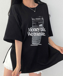 フロント英字プリント チュニック 半袖Tシャツ