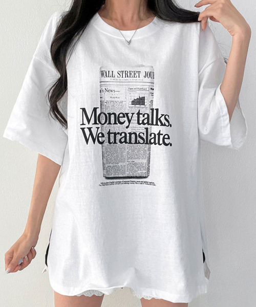 VIVID LADY(ビビッドレディー)の「フロント英字プリント チュニック 半袖Tシャツ(Tシャツ/カットソー・レディース・ブラック/アイボリー・FREE)」の5枚目の写真