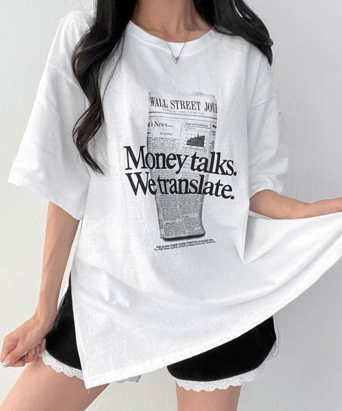 VIVID LADY(ビビッドレディー)の「フロント英字プリント チュニック 半袖Tシャツ(Tシャツ/カットソー・レディース・ブラック/アイボリー・FREE)」の7枚目の写真
