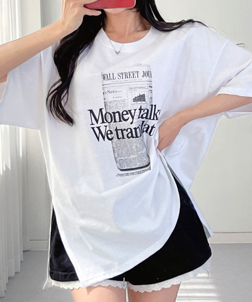 VIVID LADY(ビビッドレディー)の「フロント英字プリント チュニック 半袖Tシャツ(Tシャツ/カットソー・レディース・ブラック/アイボリー・FREE)」の10枚目の写真