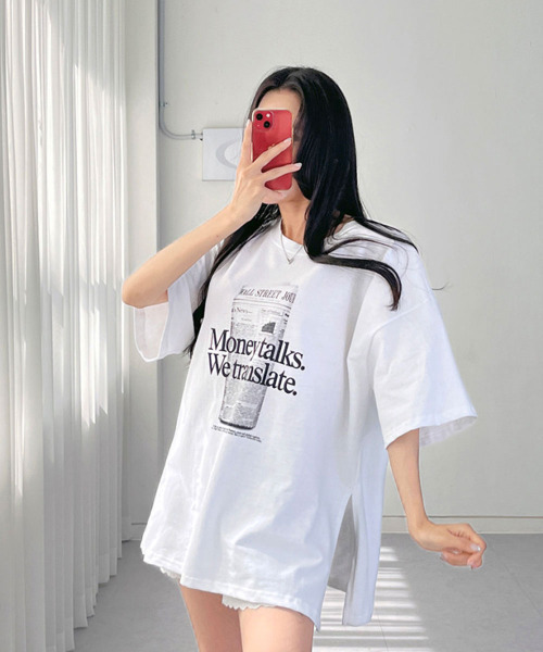 VIVID LADY(ビビッドレディー)の「フロント英字プリント チュニック 半袖Tシャツ(Tシャツ/カットソー・レディース・ブラック/アイボリー・FREE)」の12枚目の写真