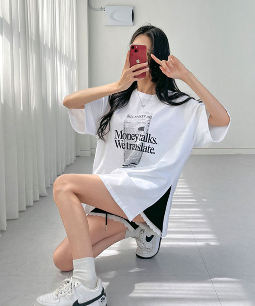VIVID LADY(ビビッドレディー)の「フロント英字プリント チュニック 半袖Tシャツ(Tシャツ/カットソー・レディース・ブラック/アイボリー・FREE)」の13枚目の写真