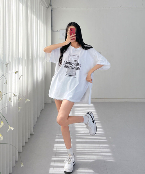 VIVID LADY(ビビッドレディー)の「フロント英字プリント チュニック 半袖Tシャツ(Tシャツ/カットソー・レディース・ブラック/アイボリー・FREE)」の14枚目の写真