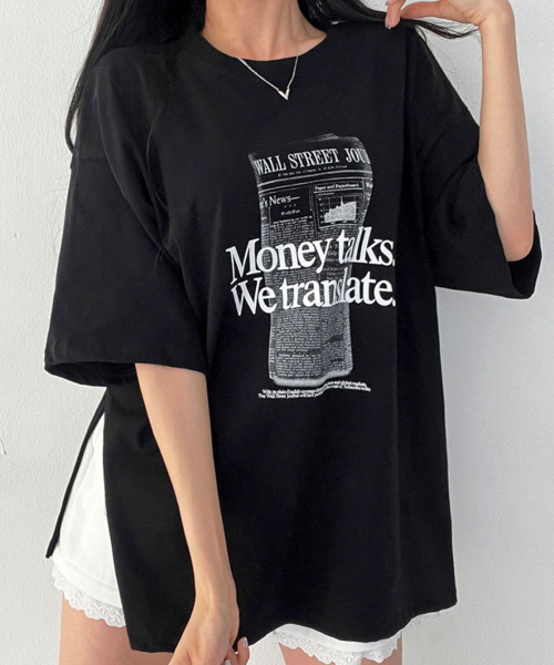 VIVID LADY(ビビッドレディー)の「フロント英字プリント チュニック 半袖Tシャツ(Tシャツ/カットソー・レディース・ブラック/アイボリー・FREE)」の18枚目の写真