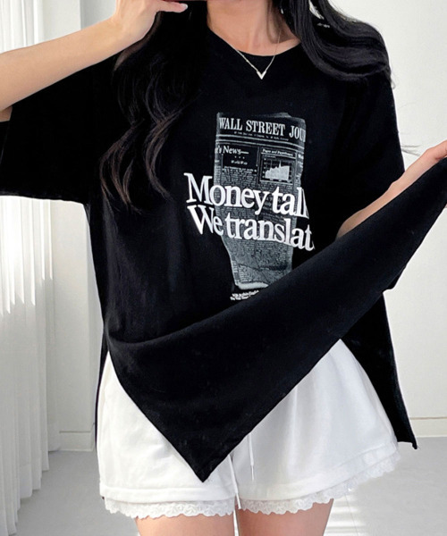 VIVID LADY(ビビッドレディー)の「フロント英字プリント チュニック 半袖Tシャツ(Tシャツ/カットソー・レディース・ブラック/アイボリー・FREE)」の21枚目の写真