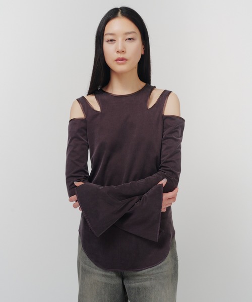 THINGS THAT MATTER（シングス ザット マター）の「FIBRIL SATIN JERSEY NOTCH DESIGN TOPS / フィブリル サテン ジャージー ノッチ デザイン トップス（Tシャツ/カットソー・レディース・グレイッシュベージュ/オレンジ/ブラウン/ブラック・FREE）」の14枚目の写真