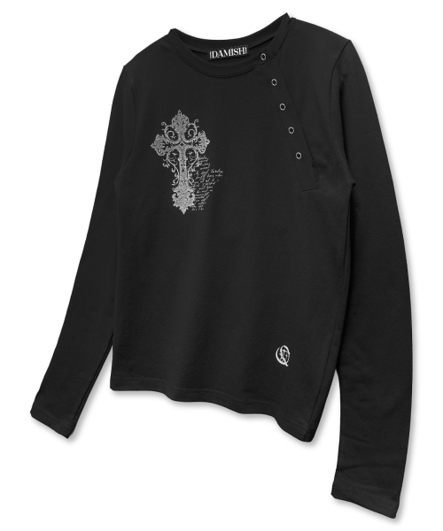 DAMISH(ダミシュ)の「ヴィンテージクロスアシンメトリーボタンロングスリーブ_ブラック(Tシャツ/カットソー・レディース・ブラック・FREE)」の1枚目の写真