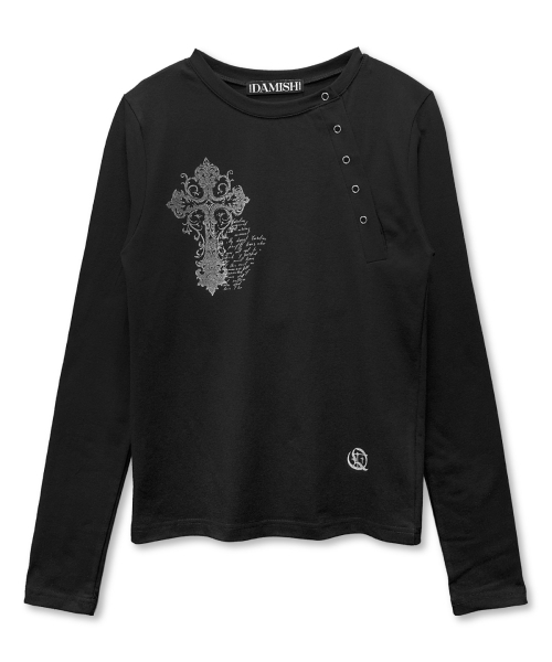 DAMISH(ダミシュ)の「ヴィンテージクロスアシンメトリーボタンロングスリーブ_ブラック(Tシャツ/カットソー・レディース・ブラック・FREE)」の2枚目の写真