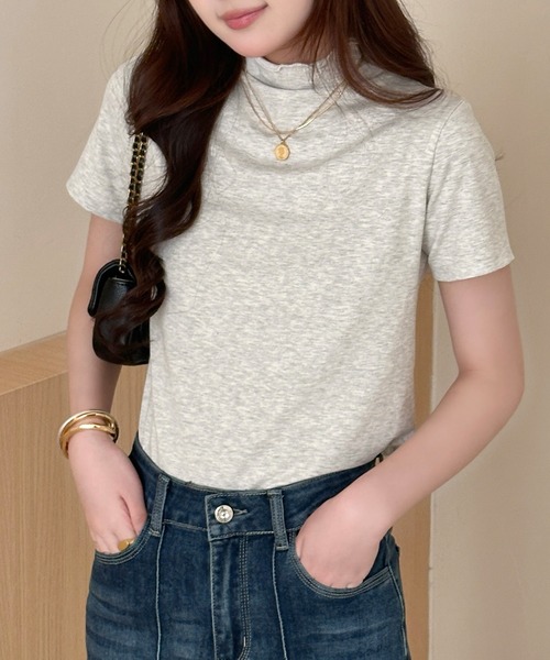 DAY CLOSET（デイ クローゼット）の「さりげなく甘いメロウフリル。半袖 ハイネック サマーニット Tシャツ レディース（Tシャツ/カットソー・レディース・オートミール/ブラック/ホワイト・FREE）」の16枚目の写真
