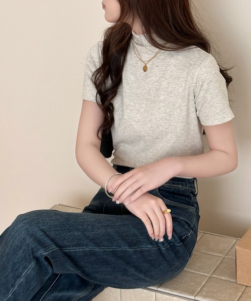 DAY CLOSET（デイ クローゼット）の「さりげなく甘いメロウフリル。半袖 ハイネック サマーニット Tシャツ レディース（Tシャツ/カットソー・レディース・オートミール/ブラック/ホワイト・FREE）」の19枚目の写真
