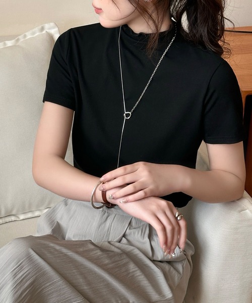 DAY CLOSET（デイ クローゼット）の「さりげなく甘いメロウフリル。半袖 ハイネック サマーニット Tシャツ レディース（Tシャツ/カットソー・レディース・オートミール/ブラック/ホワイト・FREE）」の9枚目の写真