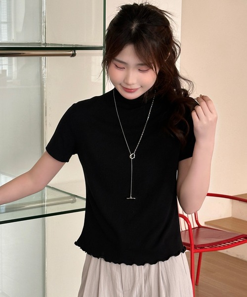 DAY CLOSET（デイ クローゼット）の「さりげなく甘いメロウフリル。半袖 ハイネック サマーニット Tシャツ レディース（Tシャツ/カットソー・レディース・オートミール/ブラック/ホワイト・FREE）」の12枚目の写真