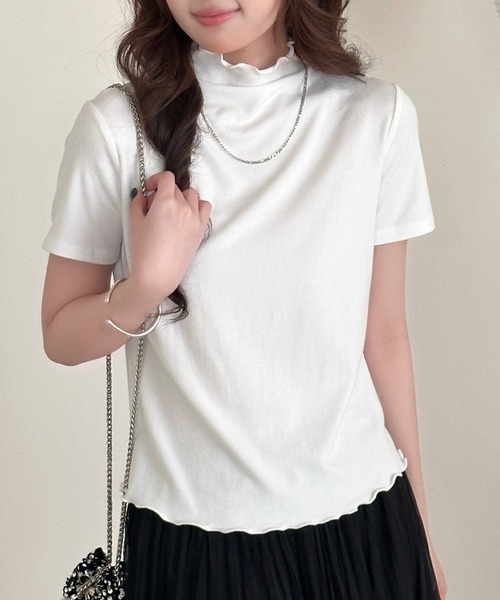 DAY CLOSET（デイ クローゼット）の「さりげなく甘いメロウフリル。半袖 ハイネック サマーニット Tシャツ レディース（Tシャツ/カットソー・レディース・オートミール/ブラック/ホワイト・FREE）」の5枚目の写真