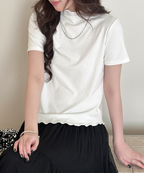 DAY CLOSET（デイ クローゼット）の「さりげなく甘いメロウフリル。半袖 ハイネック サマーニット Tシャツ レディース（Tシャツ/カットソー・レディース・オートミール/ブラック/ホワイト・FREE）」の6枚目の写真