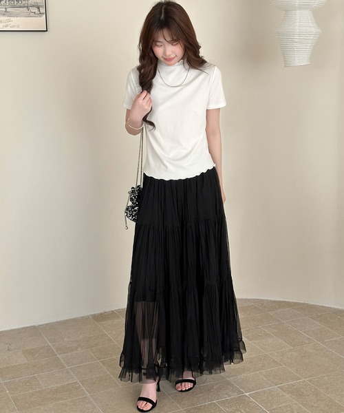 DAY CLOSET（デイ クローゼット）の「さりげなく甘いメロウフリル。半袖 ハイネック サマーニット Tシャツ レディース（Tシャツ/カットソー・レディース・オートミール/ブラック/ホワイト・FREE）」の7枚目の写真
