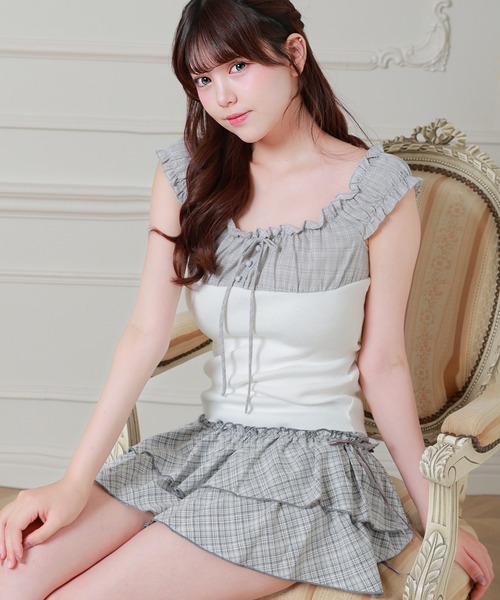 Anely(アネリー)の「Anely チェック柄 サイド リボン ティアード ミニ スカート(スカート・レディース・グレー/ベージュ/ラベンダー・S/FREE)」の7枚目の写真