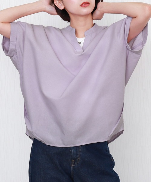 libelle more(リベル モア)の「【吸水速乾/UVケア/抗菌防臭】リネンドルマンシャツ バンドカラー(シャツ/ブラウス・レディース・ラベンダー/ベージュ/ネイビー/セージグリーン/レモンイエロー/オフホワイト/サックスブルー・M/L)」の6枚目の写真