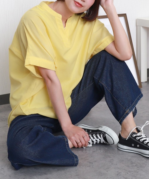 libelle more(リベル モア)の「【吸水速乾/UVケア/抗菌防臭】リネンドルマンシャツ バンドカラー(シャツ/ブラウス・レディース・ラベンダー/ベージュ/ネイビー/セージグリーン/レモンイエロー/オフホワイト/サックスブルー・M/L)」の7枚目の写真