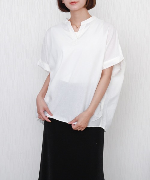 libelle more(リベル モア)の「【吸水速乾/UVケア/抗菌防臭】リネンドルマンシャツ バンドカラー(シャツ/ブラウス・レディース・ラベンダー/ベージュ/ネイビー/セージグリーン/レモンイエロー/オフホワイト/サックスブルー・M/L)」の12枚目の写真