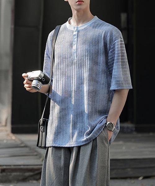 Ressaca(レサーカ)の「オーバーサイズヘンリーネックTシャツ(Tシャツ/カットソー・メンズ・アイボリー/ブラック/ブルー・XL/M/L)」の1枚目の写真
