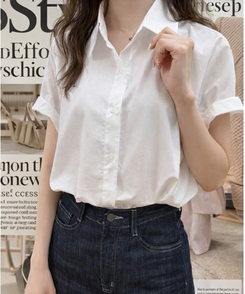 mielu（ミエル）の「シンプル半袖シャツ（シャツ/ブラウス・レディース・ブルー/グリーン/ホワイト・LARGE/MEDIUM）」の2枚目の写真