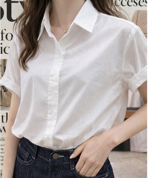 mielu（ミエル）の「シンプル半袖シャツ（シャツ/ブラウス・レディース・ブルー/グリーン/ホワイト・LARGE/MEDIUM）」の5枚目の写真