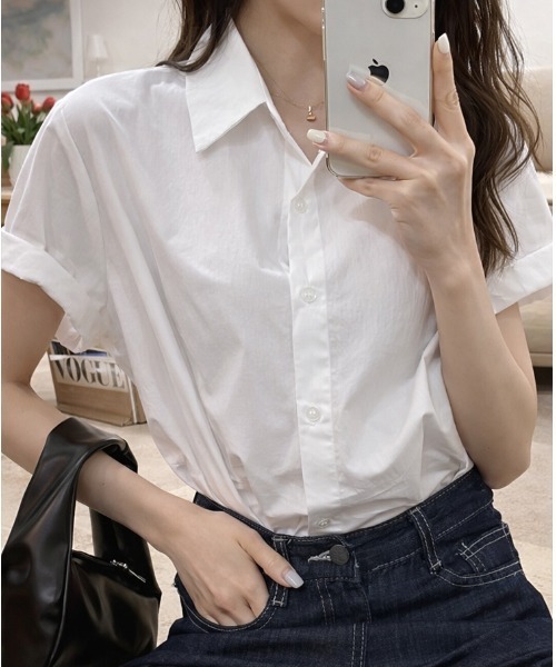 mielu（ミエル）の「シンプル半袖シャツ（シャツ/ブラウス・レディース・ブルー/グリーン/ホワイト・LARGE/MEDIUM）」の7枚目の写真