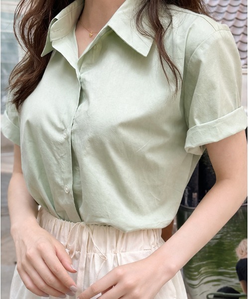 mielu（ミエル）の「シンプル半袖シャツ（シャツ/ブラウス・レディース・ブルー/グリーン/ホワイト・LARGE/MEDIUM）」の9枚目の写真