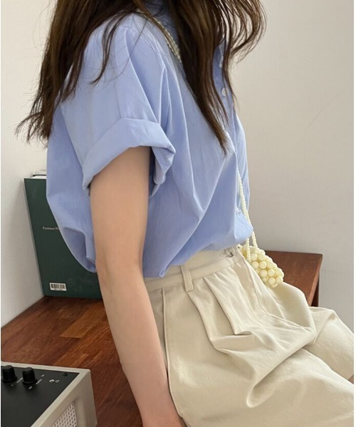 mielu（ミエル）の「シンプル半袖シャツ（シャツ/ブラウス・レディース・ブルー/グリーン/ホワイト・LARGE/MEDIUM）」の12枚目の写真