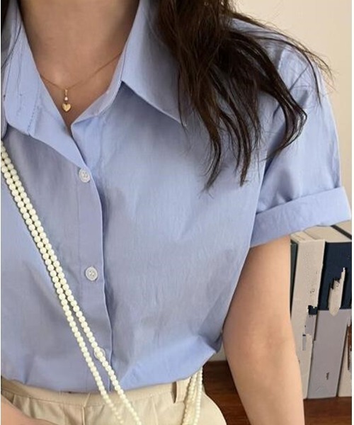 mielu（ミエル）の「シンプル半袖シャツ（シャツ/ブラウス・レディース・ブルー/グリーン/ホワイト・LARGE/MEDIUM）」の14枚目の写真