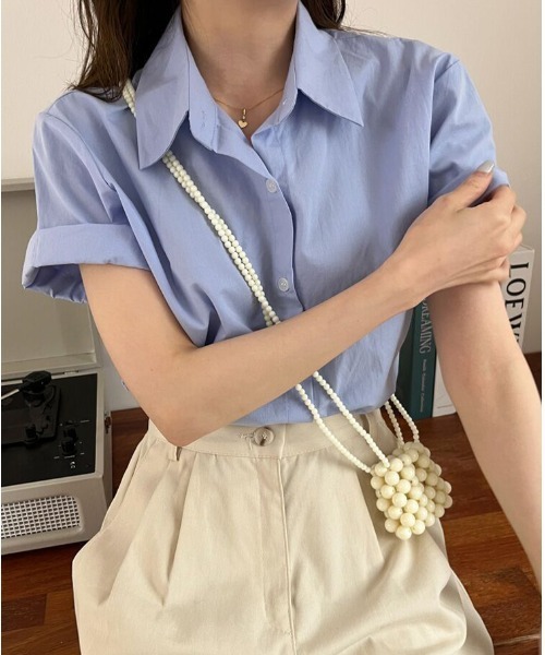 mielu（ミエル）の「シンプル半袖シャツ（シャツ/ブラウス・レディース・ブルー/グリーン/ホワイト・LARGE/MEDIUM）」の15枚目の写真