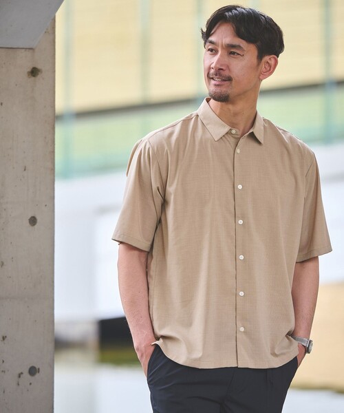 green label relaxing(グリーンレーベルリラクシング)の「【WEB限定】JUST fit ウールライク ボックス シルエット 半袖 シャツ(シャツ/ブラウス・メンズ・ダークグレー/ブラック/モカ・L/XL/M/S)」の1枚目の写真