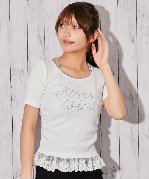GORGE(ゴージ)の「《ラインストーンロゴ×レースレイヤード》カットソー/フェミニン×Y2K/春夏秋/全3色(Tシャツ/カットソー・レディース・オフホワイト/グレー/ブラック・F)」の1枚目の写真