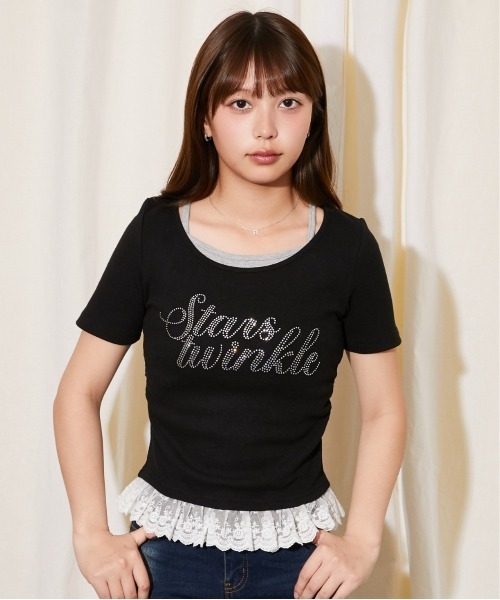GORGE(ゴージ)の「《ラインストーンロゴ×レースレイヤード》カットソー/フェミニン×Y2K/春夏秋/全3色(Tシャツ/カットソー・レディース・オフホワイト/グレー/ブラック・F)」の4枚目の写真