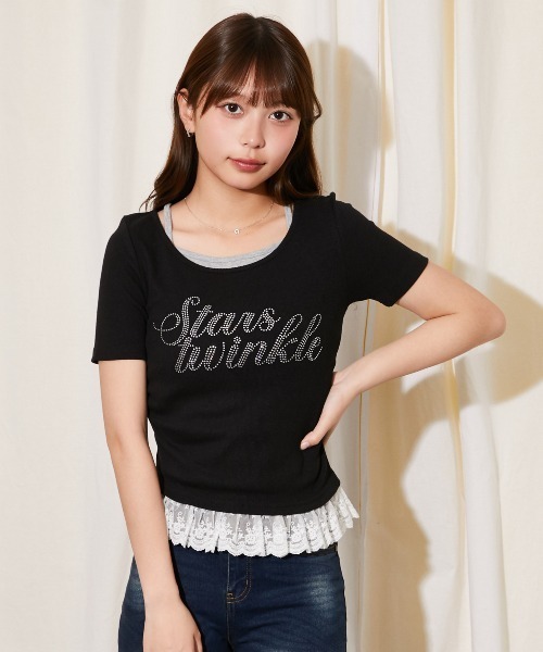 GORGE(ゴージ)の「《ラインストーンロゴ×レースレイヤード》カットソー/フェミニン×Y2K/春夏秋/全3色(Tシャツ/カットソー・レディース・オフホワイト/グレー/ブラック・F)」の5枚目の写真