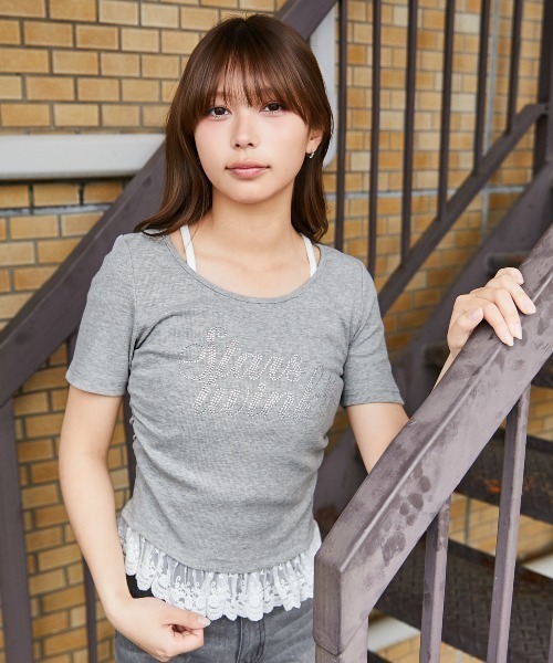 GORGE(ゴージ)の「《ラインストーンロゴ×レースレイヤード》カットソー/フェミニン×Y2K/春夏秋/全3色(Tシャツ/カットソー・レディース・オフホワイト/グレー/ブラック・F)」の7枚目の写真