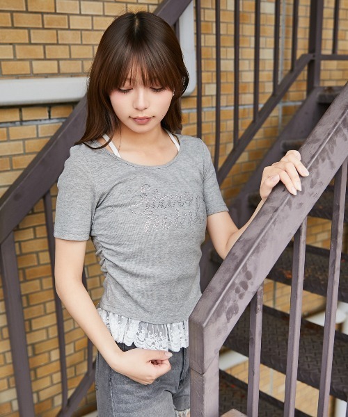 GORGE(ゴージ)の「《ラインストーンロゴ×レースレイヤード》カットソー/フェミニン×Y2K/春夏秋/全3色(Tシャツ/カットソー・レディース・オフホワイト/グレー/ブラック・F)」の8枚目の写真