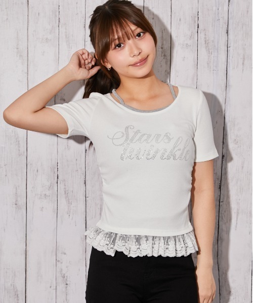 GORGE(ゴージ)の「《ラインストーンロゴ×レースレイヤード》カットソー/フェミニン×Y2K/春夏秋/全3色(Tシャツ/カットソー・レディース・オフホワイト/グレー/ブラック・F)」の11枚目の写真