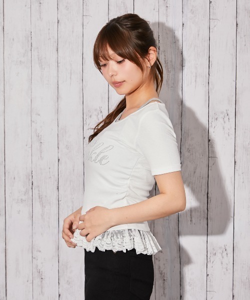 GORGE(ゴージ)の「《ラインストーンロゴ×レースレイヤード》カットソー/フェミニン×Y2K/春夏秋/全3色(Tシャツ/カットソー・レディース・オフホワイト/グレー/ブラック・F)」の12枚目の写真