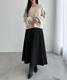 Vネックシャギーニットトップス+フレアスカートSET