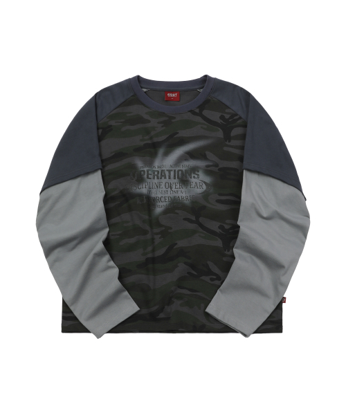 S'EST(エスイーエスティー)の「Camo Raglan Layered Sleeve charcoal(Tシャツ/カットソー・メンズ・チャコール・SMALL/MEDIUM)」の1枚目の写真