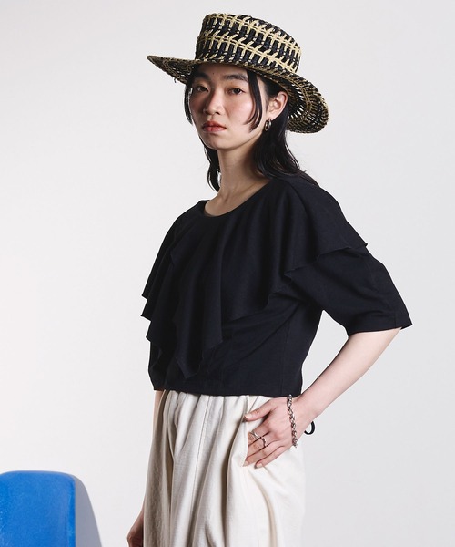 ROSE BUD(ローズバッド)の「mici/RAFFLE LACE UP TOP(Tシャツ/カットソー・レディース・オフホワイト/ブラック・ONE SIZE)」の8枚目の写真