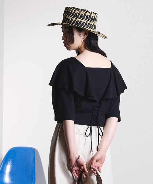 ROSE BUD(ローズバッド)の「mici/RAFFLE LACE UP TOP(Tシャツ/カットソー・レディース・オフホワイト/ブラック・ONE SIZE)」の14枚目の写真