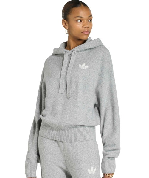 adidas(アディダス)の「adidas ESSENTIALS KNIT HOODIE / アディダス エッセンシャルズ ニット フーディー(パーカー・レディース・グレー・S/M/L)」の1枚目の写真