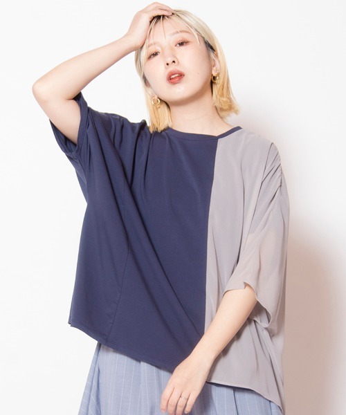OSMOSIS(オズモーシス)の「切替アシンメトリーTシャツ(Tシャツ/カットソー・レディース・ネイビー/ブラック/アイボリー・ONE SIZE)」の3枚目の写真