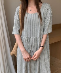 ストライプロングワンピース レディース 半袖 ゆったり フレアワンピ