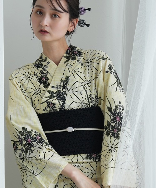 浴衣3点セット 綿麻 先染めベージュ 京美人花とモダン麻の葉柄（浴衣