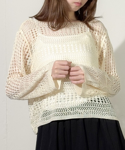 MAISON SELECT(メゾンセレクト)の「7E10 透かし編みニット キャミソールセット(ニット/セーター・レディース・アイボリー/ベージュ/ブラック・FREE)」の2枚目の写真