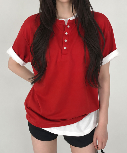 VIVID LADY(ビビッドレディー)の「ヘンリーネック 半袖Tシャツ(Tシャツ/カットソー・レディース・ネイビー/ブラック/アイボリー/レッド/グレー・FREE)」の5枚目の写真